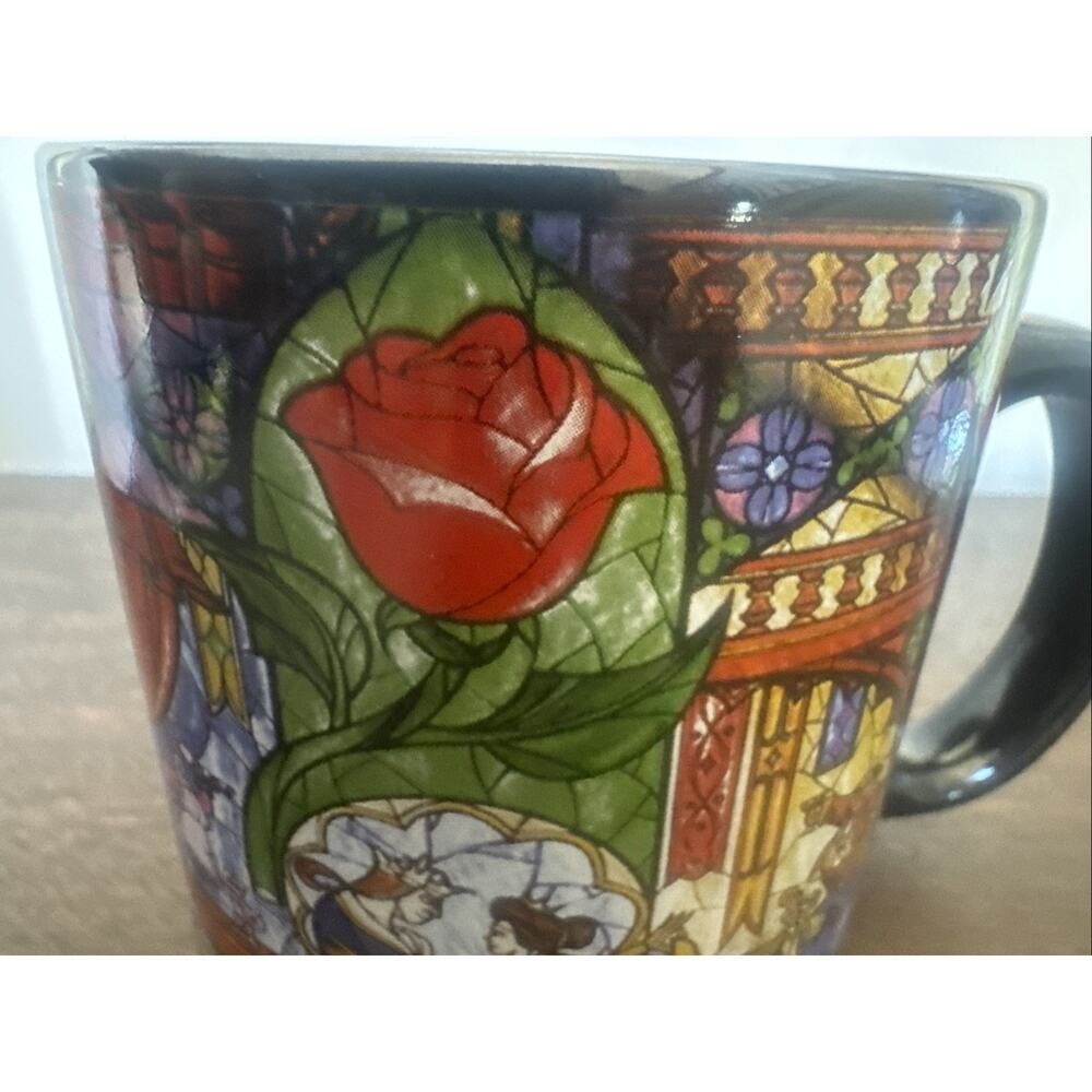 Disney Beauty & The Beast 20 oz Mug Stained Glass Rose Window Lumiere Cogsworth - Picture 8 of 10